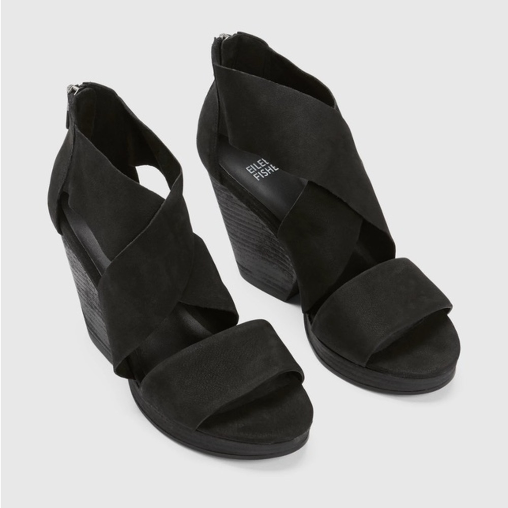 NWT Eileen Fisher Ellis Sandal Black Wedge Shoes